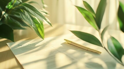 Obraz premium A pen rests on a document beside lush green leaves, illuminated by soft sunlight.