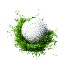 White golf ball flying with grass pieces after a shot. Isolated on white backgrund