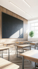 A classroom with a blackboard and a potted plant