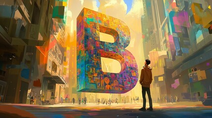 Fototapeta premium A man marvels at a giant, colorful 'B' in a vibrant urban backdrop of skyscrapers and art.