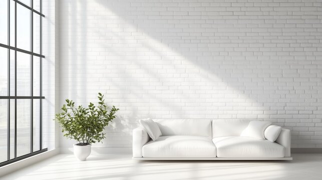 Interior de una casa con decoraci&oacute;n en tonos blancos. Un sof&aacute; junto a un gran muro de ladrillo blanco
