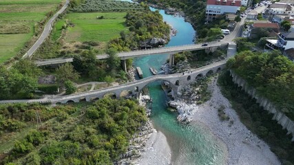 Shkodra, Albania. September 30, 2024. The historic Mes Bridge in Shkodra, Albania, was built in the 18th century during the Ottoman period.