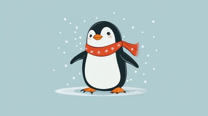 Fototapeta premium Charming Penguin in a Festive Scarf Sliding Playfully