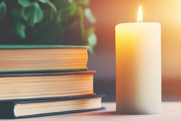 A lit scented candle on a bedside table, surrounded by books and plants, creating a cozy, tranquil evening ambiance