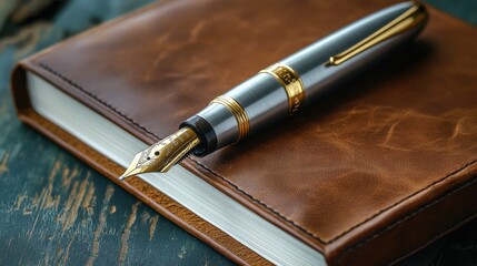 A detailed silver and gold fountain pen, resting on an elegant leather-bound journal.