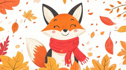 Cheerful Fox in Bright Red Scarf Amid Autumn Leaves