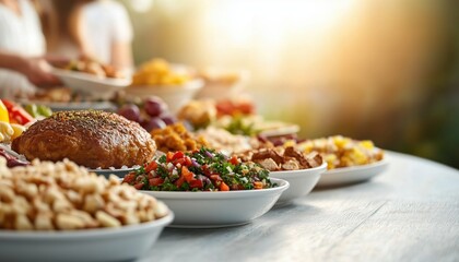 A range of colorful dishes arranged on a table, showcasing a variety of fresh ingredients and delicious meals.