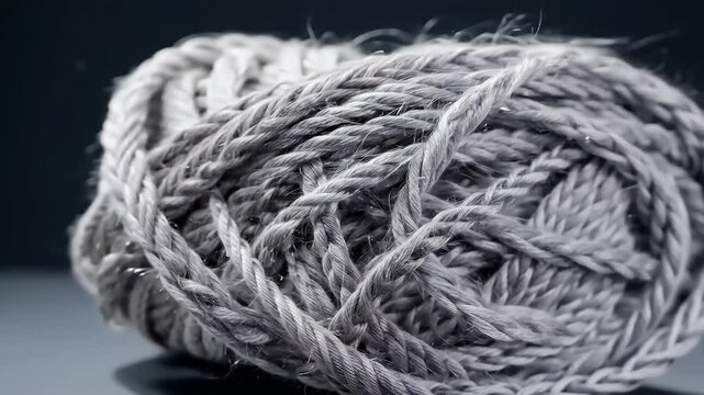 creative 4K closeup shot gray knitting cord rotating stage highlighting textured fabric intricate details process highquality visual format winding wound macro detail dark cold grey steel industry