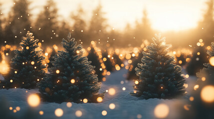 Winter landscape of a Christmas tree farm with rows of beautiful fir trees