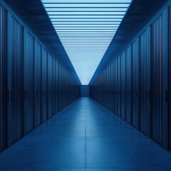Cloud infrastructure blueprint hovering in a mirrored datacenter, futuristic tech grid