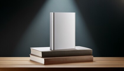 Blank hardcover book mockup standing on stacked books on wooden table in spotlight. 3D Rendering