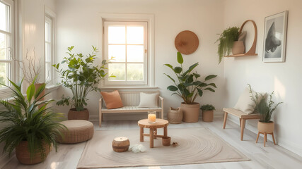 an image showing a room with harmonious colors according to Feng Shuibiophilic design, natural materials, light colours scandinavian style crystals, candles, incense ambient light on very cozy hot tea