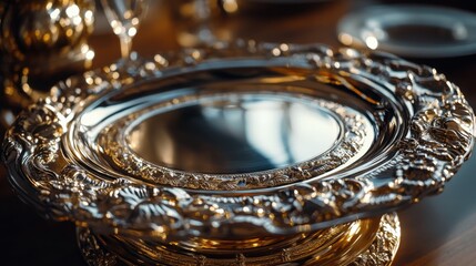 A detailed silver platter with gold accents, resting elegantly on a dining table.