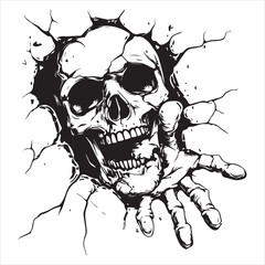 Skull and hand breaking through wall, sticker-style vector illustration, white background, ink drawing.
