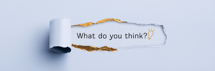 "What do you think?" black text with gold lightbulb icon revealed through torn blue paper, sleek and minimalist design for client feedback and surveys.

