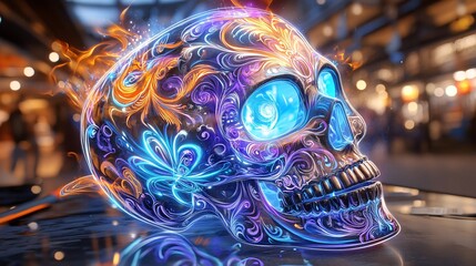 Fototapeta premium Vibrant Neon Sugar Skull with Intricate Patterns
