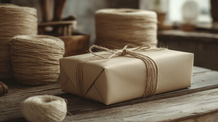 Eco-friendly wrapped presents with natural decorations on a wooden surface