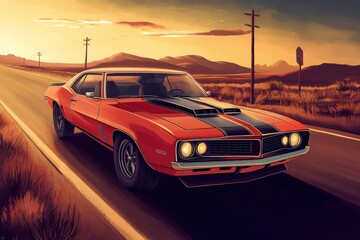 Classic American muscle car on a sunset road in the countryside. Generative AI