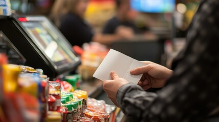 A detailed view of a cashier handing a receipt after completing a cash transaction with a customer at the register.