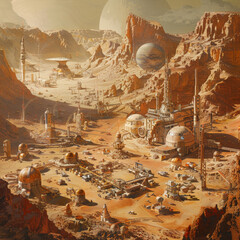 A bustling space colony on Mars, with astronauts and settlers going about their daily lives. 