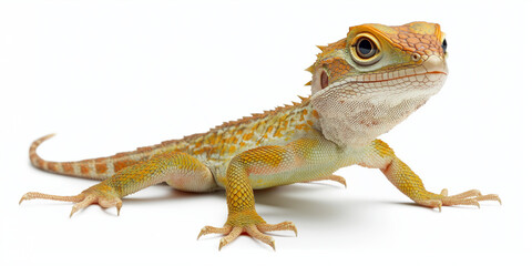 Obraz premium Juvenile bearded dragon standing on a white background, displaying its textured skin and curious expression, selective focus