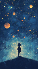 Boy looking at stars in night sky, concept of children dreams and fantasies