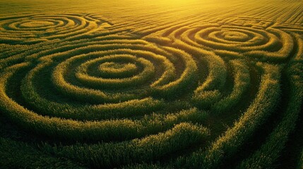 Intricate crop circles in a lush green field, highlighted by soft, golden sunset tones. Close-up aerial shot showcasing the geometric patterns.