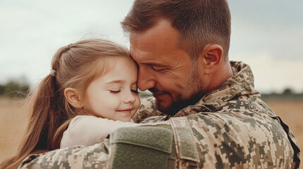 A man in a military uniform is hugging a little girl
