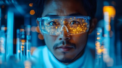 a scientist in a lab, holding testing vials with a hologram overlay of DNA sequencing. scientist holding vials of medical research with hologram biotechnology DNA