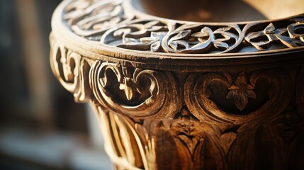 A detailed view of a Christian baptismal font, with delicate carvings and soft, ambient light.