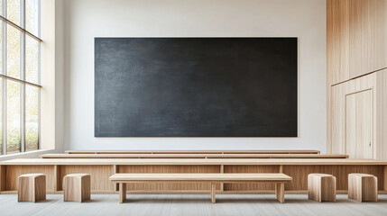 A blackboard is on the wall of a room with wooden benches and stools