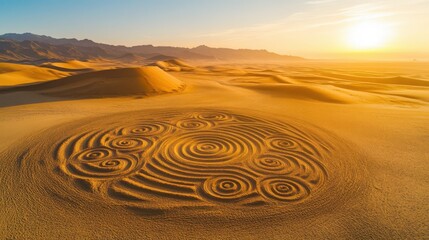 Crop circles in a vast desert setting. High angle shot of geometric patterns etched into the sand, with rolling dunes stretching into the distance.