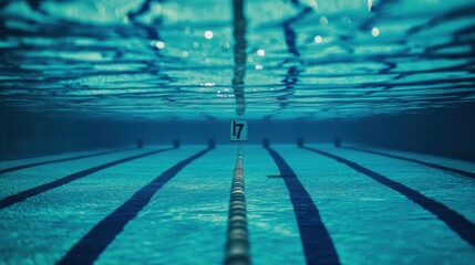 Obraz premium A swimming pool's lane marker underwater, indoor setting with clear blue water, Serene style