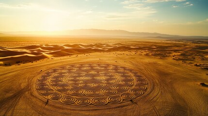 Naklejka premium Aerial view of desert crop circles with intricate spiral designs in the sand. Warm golden and orange tones illuminated by the midday sun.