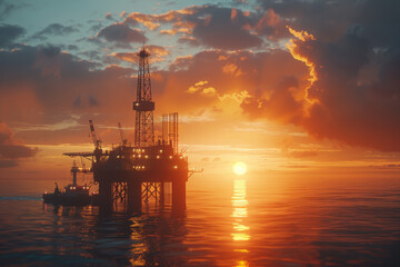 Obraz premium A large oil rig is floating in the ocean with the sun setting in the background