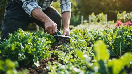 Dynamic Farmer Using Handheld Fertilizer in Garden