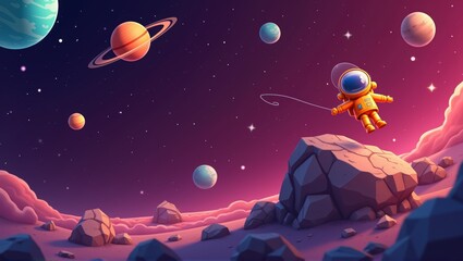 Naklejka premium Generative, AI, Astronaut floating in space with planets, vibrant colors, cosmic scene, captivating and surreal.