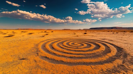 Naklejka premium Low angle shot of crop circle in a desert. Swirling patterns in red sand, illuminated by afternoon sun casting long shadows.