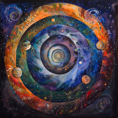A cosmic mandala with swirling galaxies and stars as the primary elements.