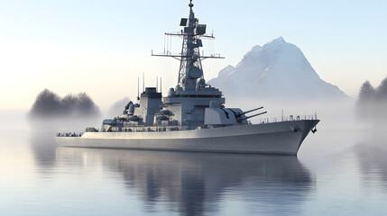 Obraz premium militaryship faced front view in calm sea