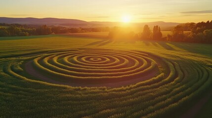 Large crop circle in green field at sunset. Aerial view of intricate circular patterns in crops, illuminated by golden hour sunlight.