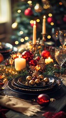 Festive Holiday Table Setting with Sparkling Candles