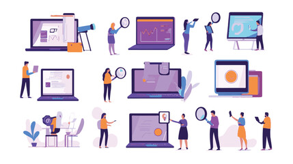 
Software testing process. People looking for mistakes and web bugs in applications and computer programs.
