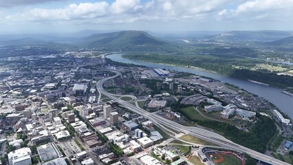 Aerial shot showing an overview of the Tennessee River and downtown Chattanooga taken with a dji 4 mini pro