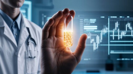 Innovative Medical Technology: Doctor Holding Illuminated Capsule With Data Visualizations On Screens