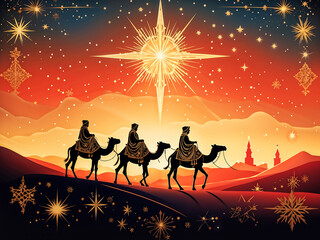 Three wise men journeying under a brilliant star toward a distant city at dusk during a magical celebration