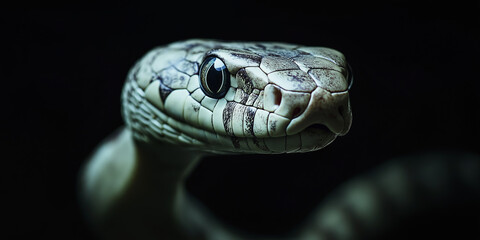 Fototapeta premium Black-headed python in a dark setting, showing off its sleek scales and intense gaze, selective focus