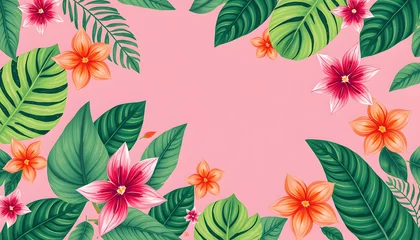  pattern seamless of tropical leaves, flowers  on trend color background. Banner with tropic summertime topic wrapping paper, textile or wallpaper design,background, bed linen isolated with white hig © Sergey