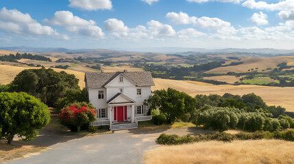 classic farmhouse style house with striking red door stands amidst rolling hills and lush greenery, creating picturesque rural scene. vibrant landscape evokes sense of tranquility and charm