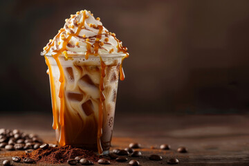 A cup of coffee with a caramel drizzle on top